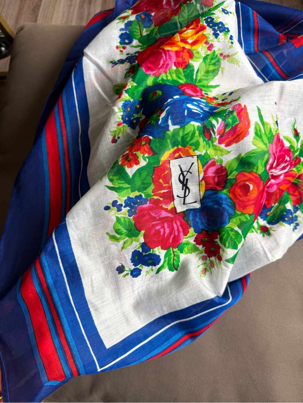 Yves Saint Laurent vintage 70s Floral Silk Scarf in Blue, Red, Green